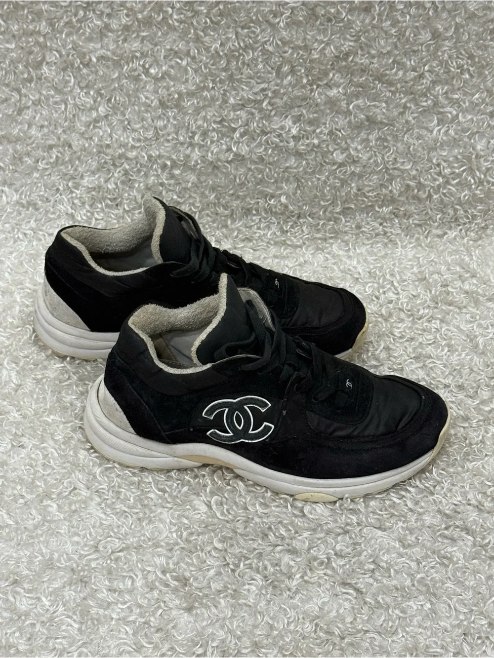 CHANEL Black and White Suede Fabric Sneakers